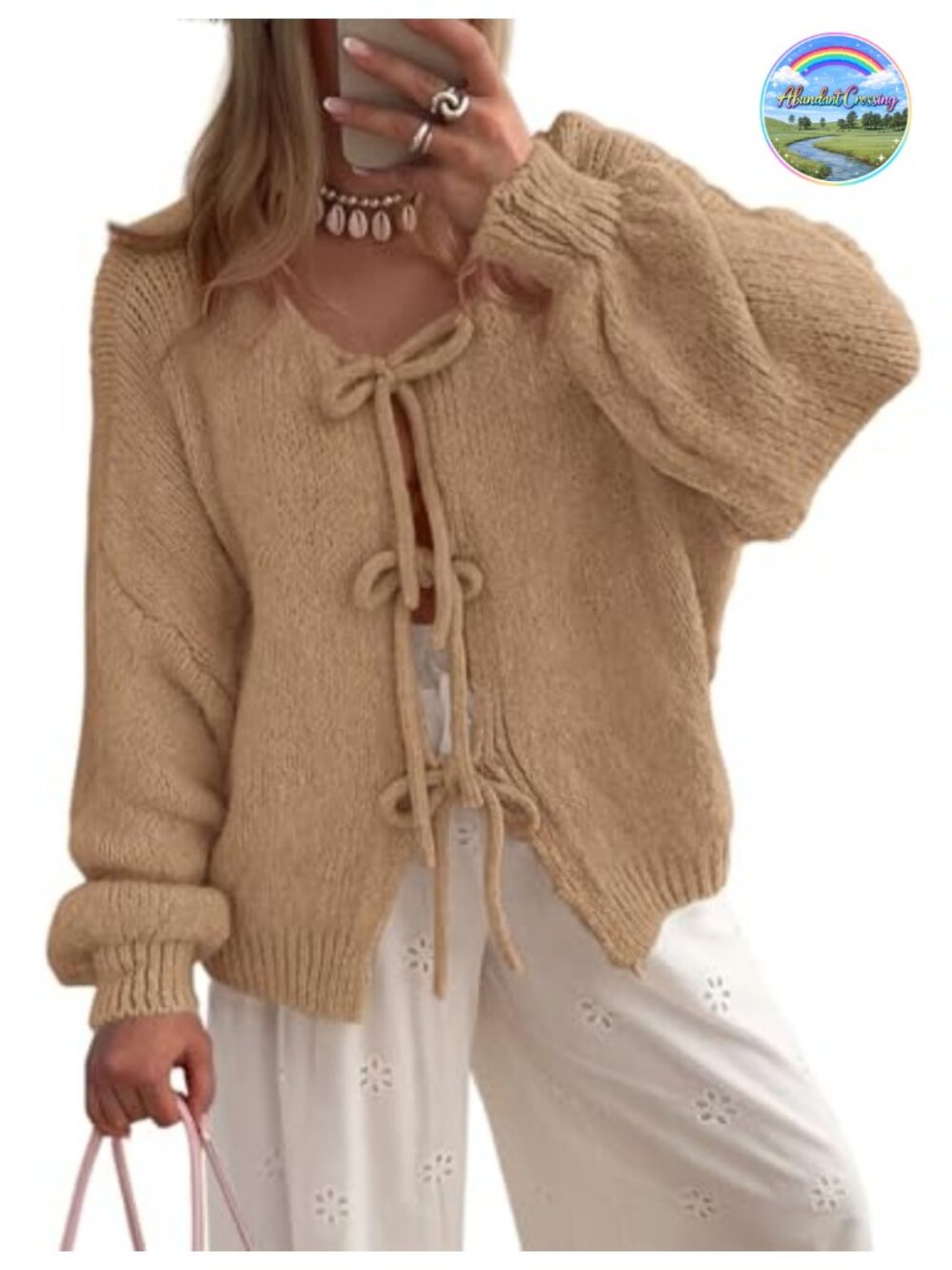 Women's Bow Tie Front Open Cardigan Sweater Long Sleeve Knit